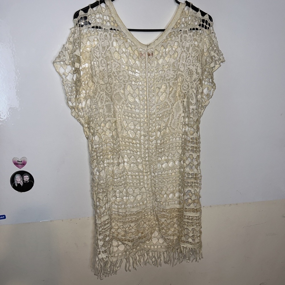 Lace Crochet Shirt Top Cover Up Ivory Size‎ S/M Cap Sleeve Fringe